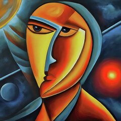 Abstract cubist portrait of an androgynous astrophysicist, for scientific and interstellar motifs