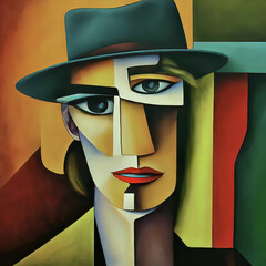 Abstract portrait of an androgynous actor in modern cubist fashion, with a pedestal for a neck - obrazy, fototapety, plakaty