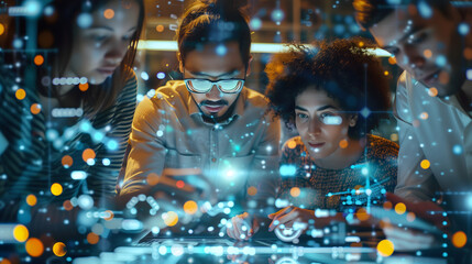 A group of diverse people working together on an AI project, surrounded in glowing data streams and holographic displays representing the power to shape future technology