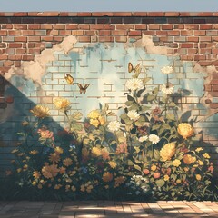 Vibrant Street Art with Flower Mural and Flying Butterflies on a Rustic Brick Wall