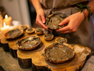 A person is making a mud cake in small bowls. Generative AI.