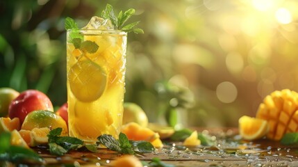 A close up of a drink with fruit and mint leaves.