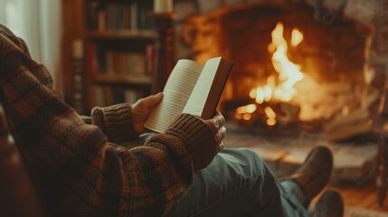 A person sitting in front of a fire place reading a book. Generative AI.
