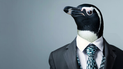 Penguin donning a sleek business suit with a fashionable fish-patterned tie, striking a pose that combines sophistication and aquatic elegance in a stylish anthropomorphic portrait. - obrazy, fototapety, plakaty