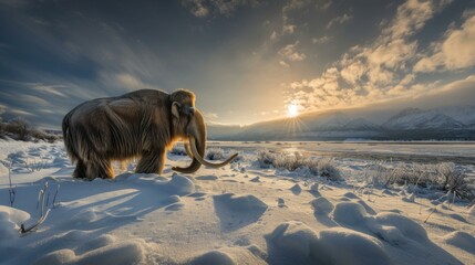 A woolly mammoth standing in the snow near a mountain. Generative AI.