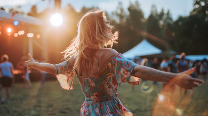 A woman twirling joyfully in a floral dress at a sunlit outdoor music festival. Shallow depth of field, blurred background - obrazy, fototapety, plakaty