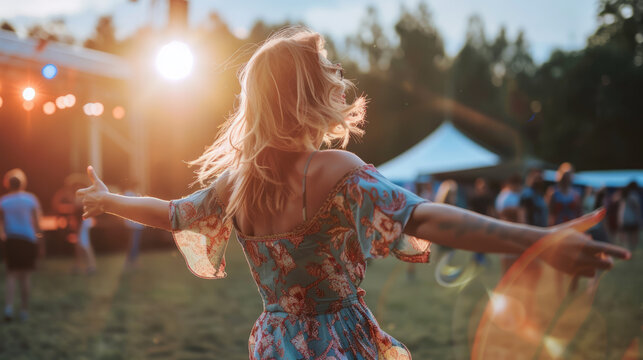 A woman twirling joyfully in a floral dress at a sunlit outdoor music festival. Shallow depth of field, blurred background