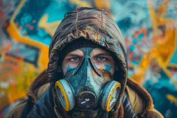 A man wearing a gas mask and hoodie with graffiti on the wall. Generative AI.