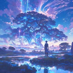 A Mystical Landscape: A Star-filled Sky Meets a Majestic Cosmic Tree in this Enchanting Digital Artwork - obrazy, fototapety, plakaty