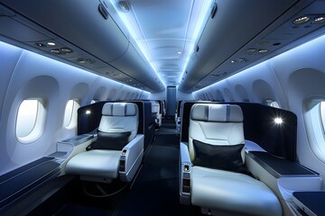 Elegant and Spacious Interior of a Luxurious Commercial Airplane Cabin Showcasing the Comfort and Exclusivity of Premium Air Travel