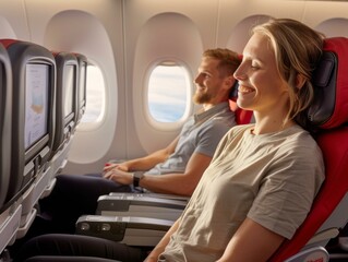 Fototapeta premium A couple of people sitting in seats on an airplane. Generative AI.