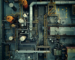 A view of a large industrial building with pipes and tanks. Generative AI.