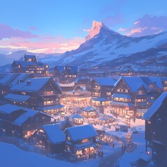 Idyllic Alpine Winter Scene: A Snowy Village Nestled at the Foot of Majestic Peaks