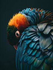 Fototapeta premium A close up of a colorful bird with a bright orange and yellow head. Generative AI.