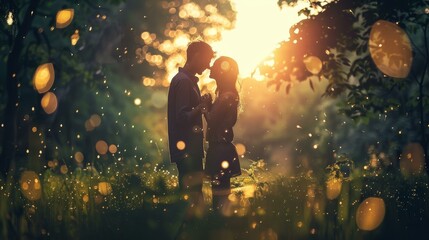 A couple kissing in the middle of a field with sun shining through. Generative AI. - obrazy, fototapety, plakaty