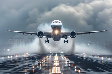 Dynamic Aerial Departure:Commercial Jet Dramatically Ascends Through Stormy Skies at Night - obrazy, fototapety, plakaty
