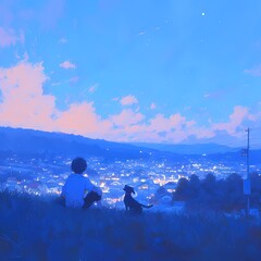 A picturesque scene of a child and their dog enjoying the sunset together from atop a grassy hill, overlooking a beautiful cityscape. - obrazy, fototapety, plakaty