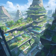 Explore a Sustainable Paradise: High-Rise Gardens and Skyscraper Swimming Pools in the Ultimate Urban Oasis - obrazy, fototapety, plakaty
