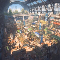 Bustling Indoor Farmers Market with a Variety of Fresh Fruits and Vegetables - obrazy, fototapety, plakaty