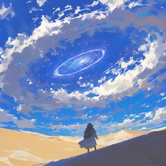 An otherworldly digital art scene of a person admiring an enchanting nebula above the sand dunes. - obrazy, fototapety, plakaty