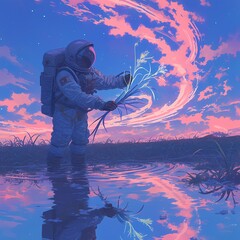 An astronaut embarks on a serene twilight stroll across an alien landscape. - obrazy, fototapety, plakaty