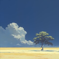 Lone Figure in a Desert-like Landscape Under a Cloudy Sky - obrazy, fototapety, plakaty