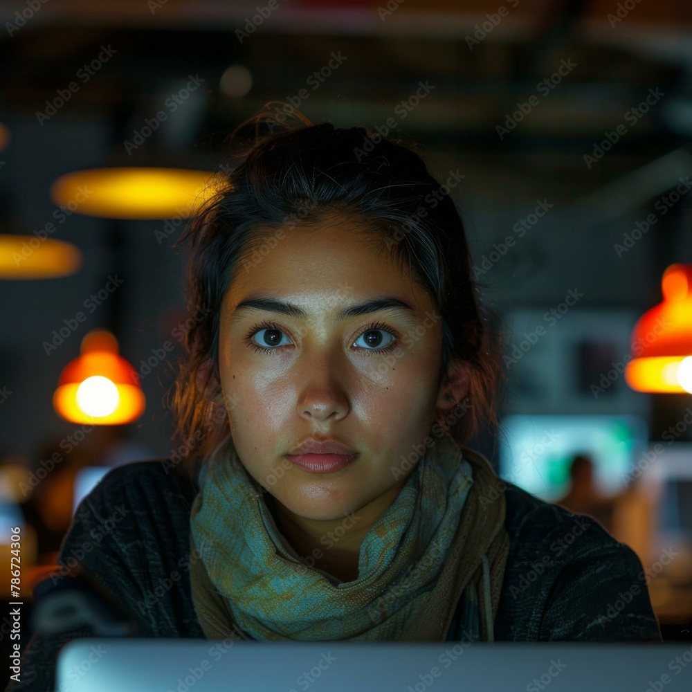 Poster A woman with a laptop in front of her looking at the screen.