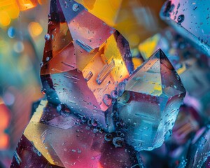 A close up of a colorful crystal with water droplets on it. Generative AI.
