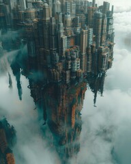 A city is floating in the clouds above a cliff. Generative AI.