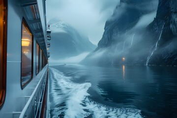 Majestic Cruise Ship Navigates through Ethereal Fjord Landscape - obrazy, fototapety, plakaty