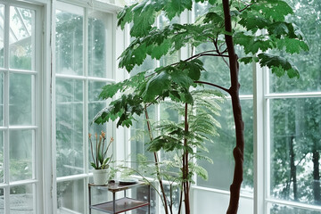 Tranquil Minimalist Conservatory with Glass Structures, Soft White and Pale Green Palette in London