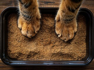 A cat's paws are on a tray of sand. Generative AI.