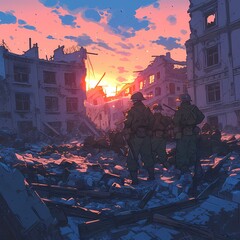 An Emotional Scene of War's Aftermath - Soldiers Explore Destroyed City Streets as the Sun Goes Down - obrazy, fototapety, plakaty