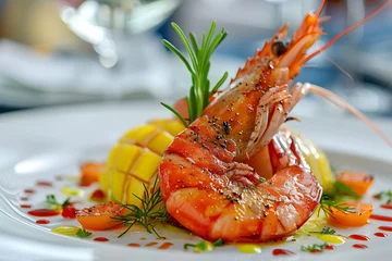 Fotobehang Mouthwatering Cruise Cuisine:Exquisite Seafood Dish with Garnishes on Elegant Plate © TEERAWAT