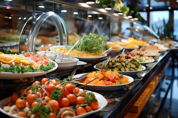 Obraz premium Mouthwatering Culinary Delights Showcased in Elegant Cruise Ship Buffet