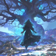 An alluring fantasy image capturing the essence of mystery and enchantment featuring a cloaked figure amidst an ancient tree. - obrazy, fototapety, plakaty