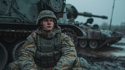 Obraz premium A soldier sitting in front of a tank with his hands on the ground. Generative AI.
