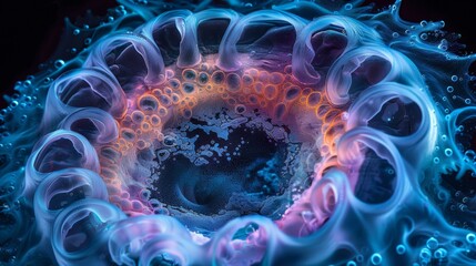 A close up of a blue liquid with bubbles in it. Generative AI.