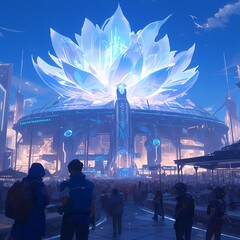 An awe-inspiring sci-fi stadium with futuristic architecture and advanced technology captures the imagination of a crowd. - obrazy, fototapety, plakaty