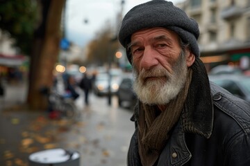 Portrait of an old man with gray beard and mustache on the street
