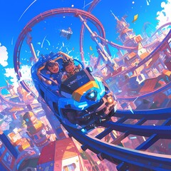 Euphoric Amusement Park Adventure with Excited Riders and Spectacular Scenery - obrazy, fototapety, plakaty