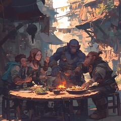 Joyful Social Scene with Monsters and Adventurers Sharing a Meal Around the Table in an Abandoned Warehouse - obrazy, fototapety, plakaty