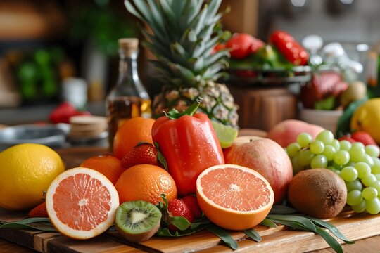 Diverse Selection of Nutritious Fruits and Vegetables Arranged on a Wooden Cutting Board,Promoting Healthy Eating and Wellness
