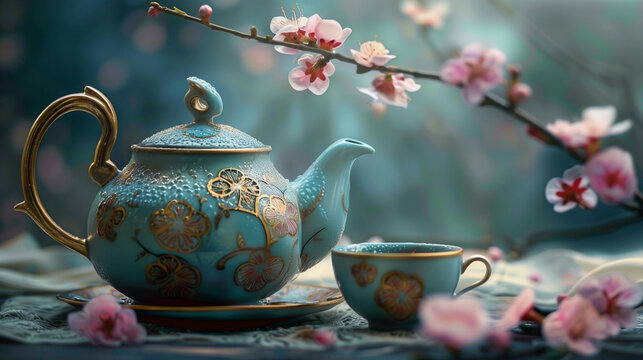 Beautiful blue tea set with sakura