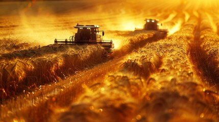 Fototapeta premium Two large tractors are working in a field of wheat. Generative AI.