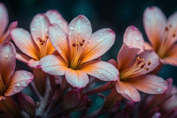 A close up of a bunch of flowers with water droplets on them. Generative AI.