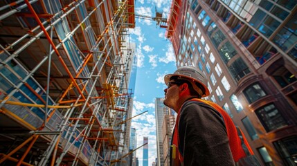 Fototapeta premium A man in hard hat looking up at tall buildings with scaffolding. Generative AI.