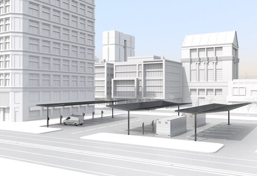 Electric Vehicle Charging Station equipped with Solar Panels and Container Battery Storage. 3D rendering image.
