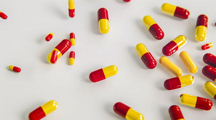 Red and Yellow Capsules Scattered on White