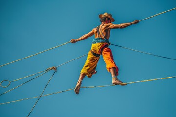 A man in a hat and overalls balancing on ropes. Generative AI.